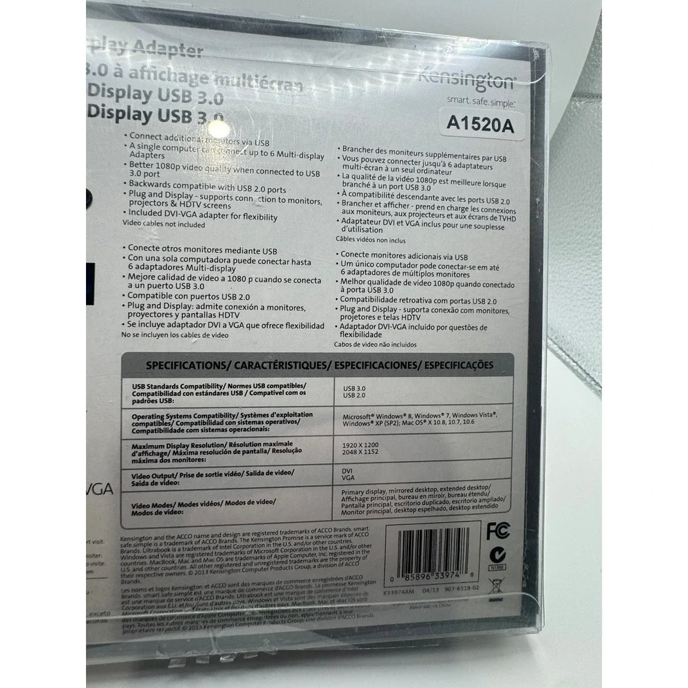 Kensington A1520A USB 3.0 Multi-Display Adapter DVI VGA 1080p Black New